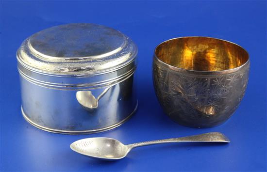 A mid 19th century Dutch silver circular sugar box, christening bowl and spoon.